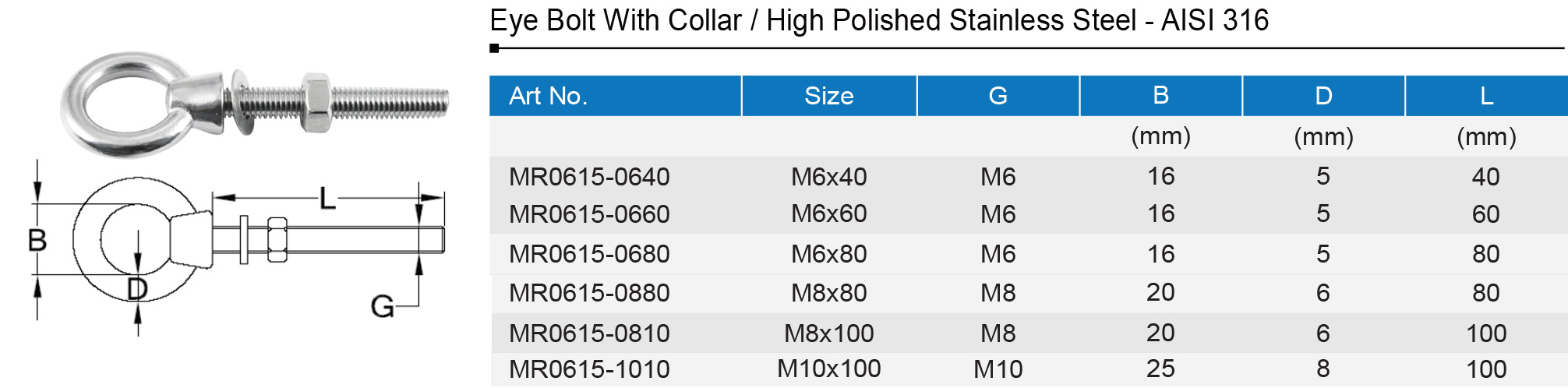 Stainless Steel Eye Bolt with Metric Thread